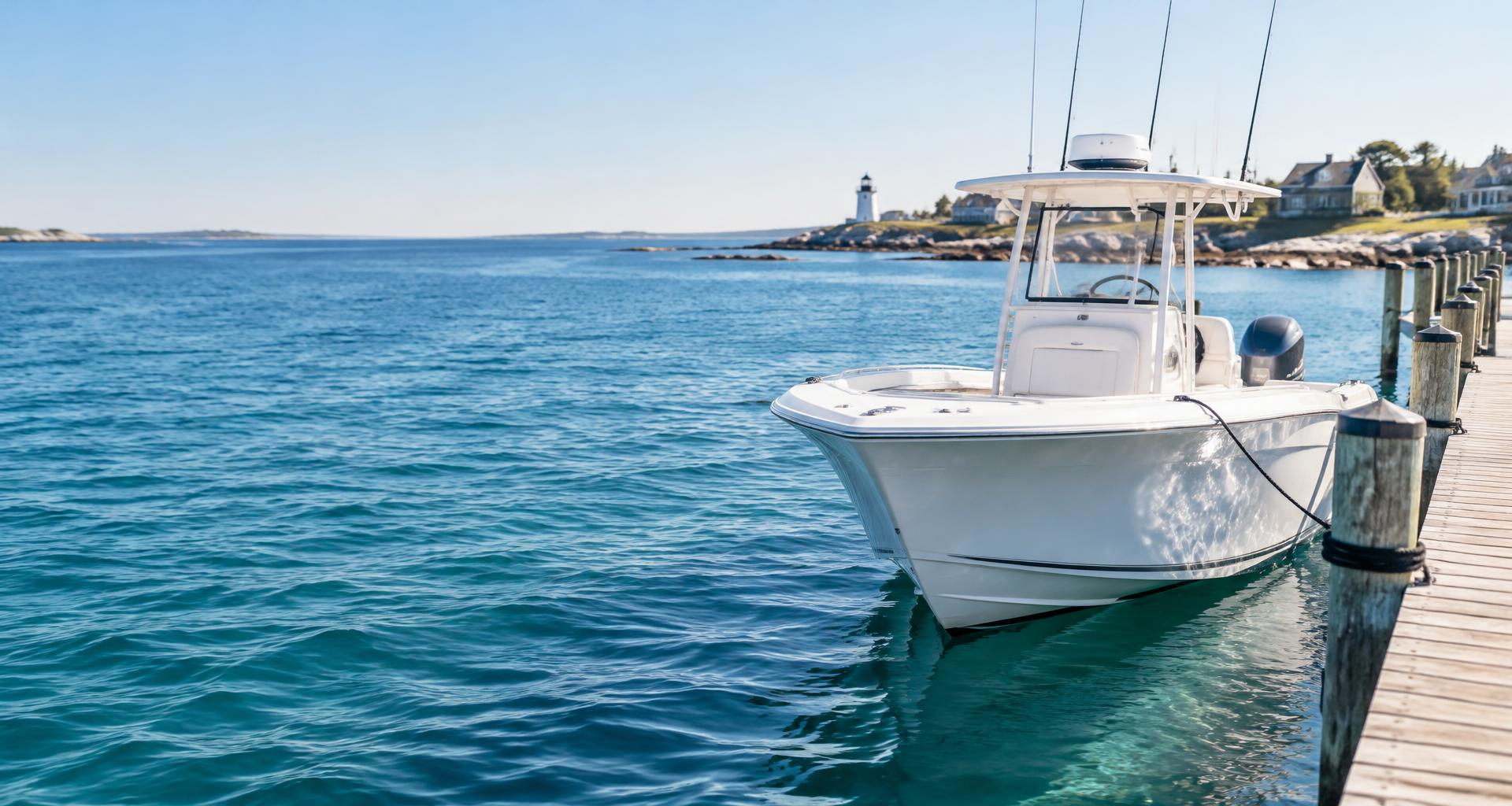 A clean white boat docked in a sunny coastal marina